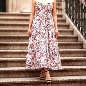 "Floral Halter Maxi Dress Red White Flowers Ruffled Hem Size M Boho"
